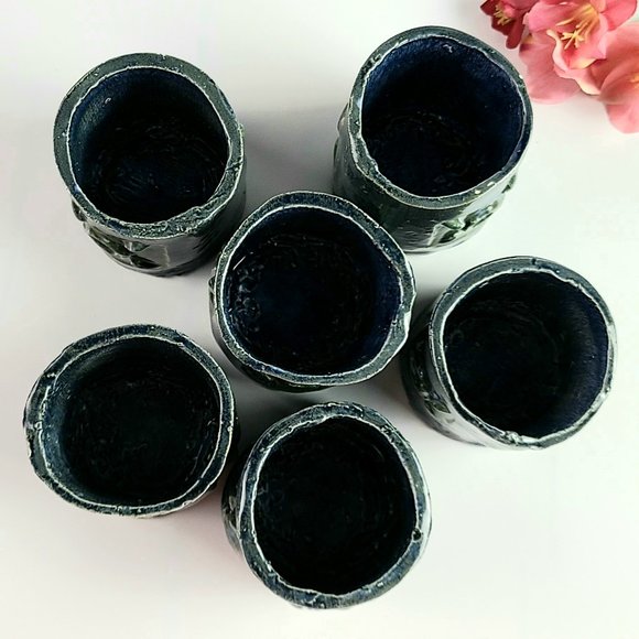 Vintage- Signed - Dark Blue Handmade Stoneware Tea Set with 6 Cups - Picture 4 of 12